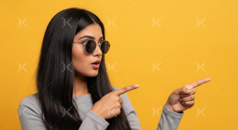 Cheerful young woman pointing with both hands to empty copy spac