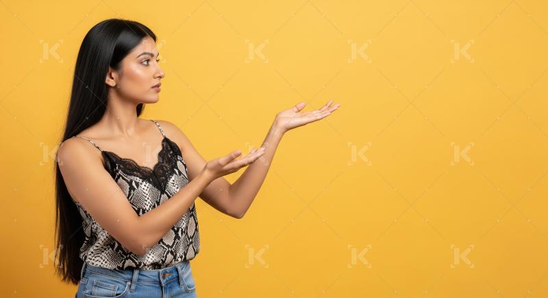 Cheerful young woman pointing with both hands to empty copy spac