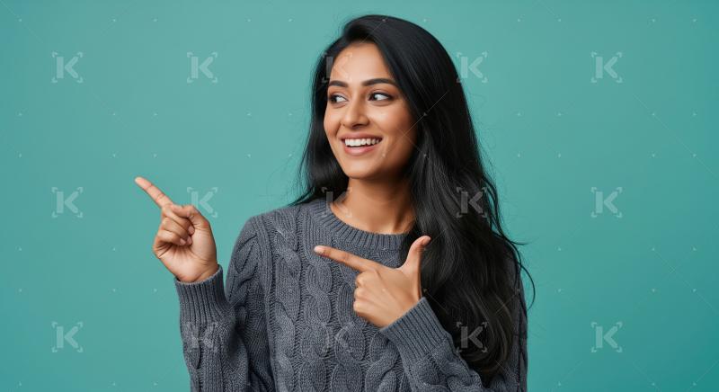 Cheerful young woman pointing with both hands to empty copy spac