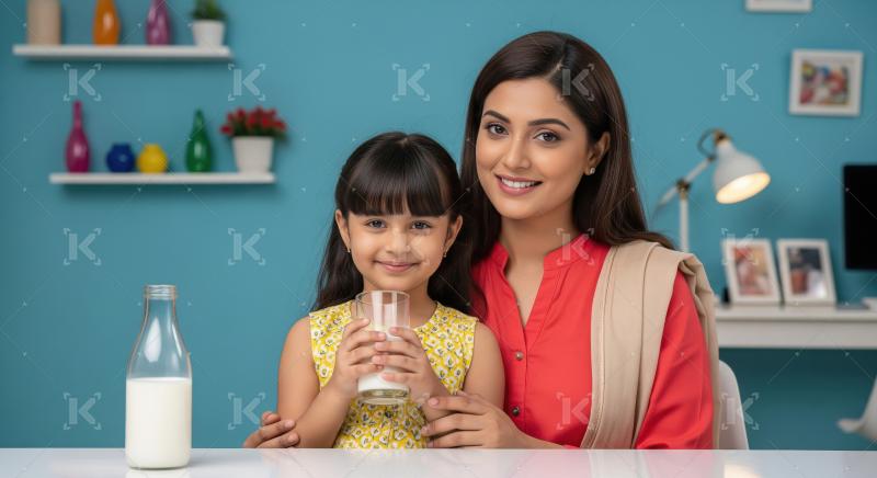Young woman giving glass of milk to little daughter