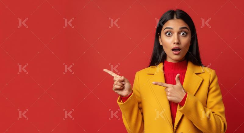 Cheerful young woman pointing with both hands to empty copy spac