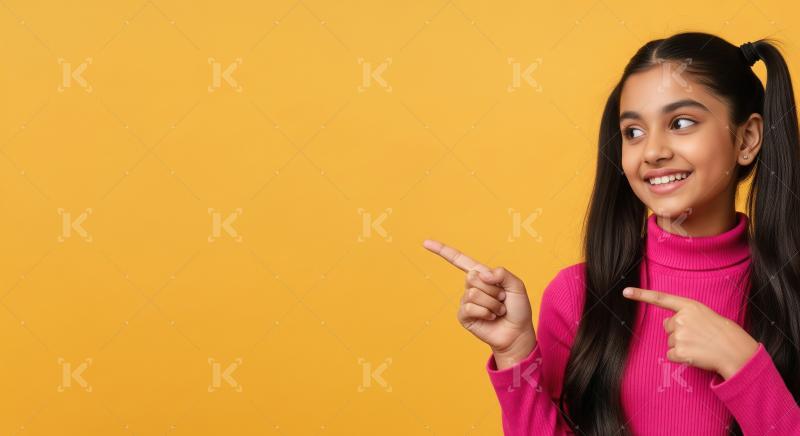 Cheerful young woman pointing with both hands to empty copy spac