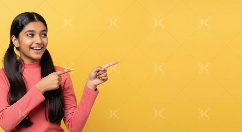 Cheerful young woman pointing with both hands to empty copy spac
