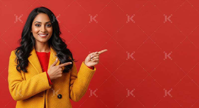 Cheerful young woman pointing with both hands to empty copy spac