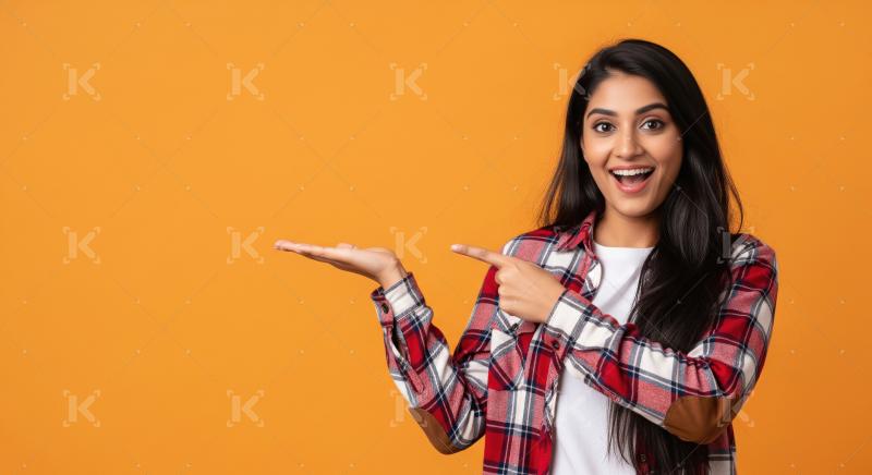 Cheerful young woman pointing with both hands to empty copy spac
