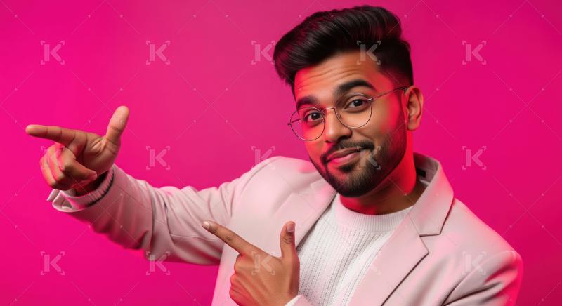 Young indian man pointing finger on empty space