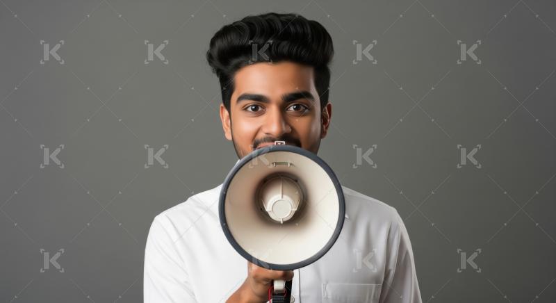 Young indian man using megaphone for announcement