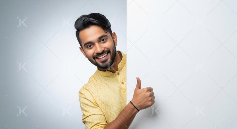 Young indian excited man showing white empty board