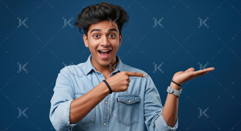 Young indian man pointing finger on empty space