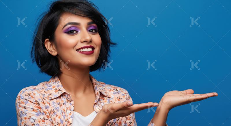 Cheerful young woman pointing with both hands to empty copy spac