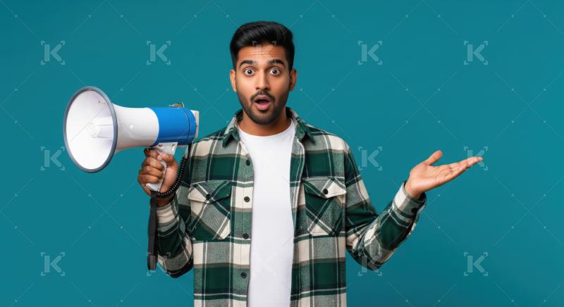 Young indian man using megaphone for announcement
