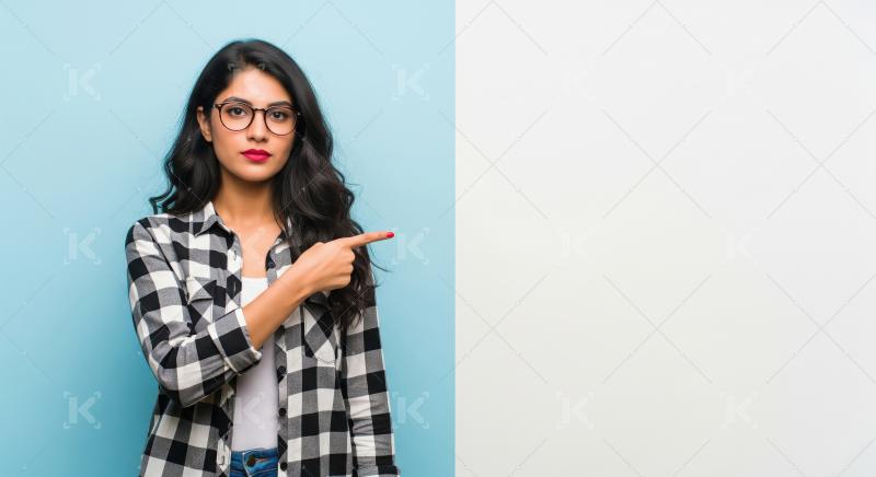 Cheerful young woman pointing with both hands to empty copy spac