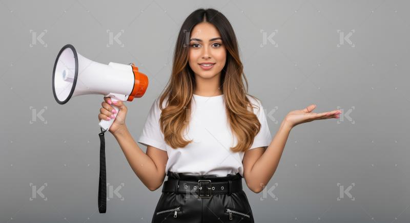 Young beautiful indian woman using megaphone