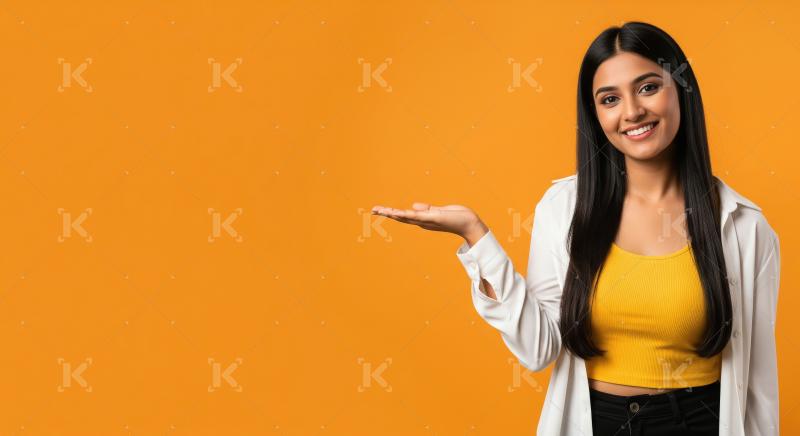 Cheerful young woman pointing with both hands to empty copy spac