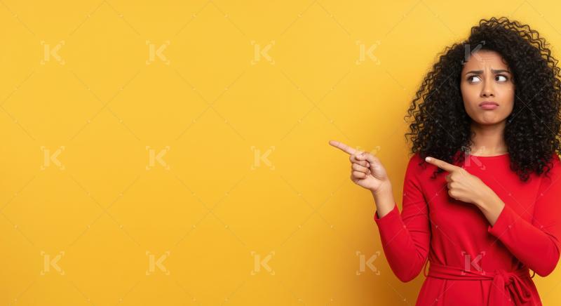 Cheerful young woman pointing with both hands to empty copy spac