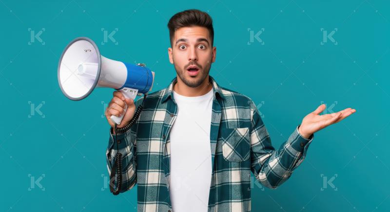 Young indian man using megaphone for announcement