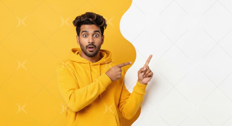 Young indian man pointing finger on empty space