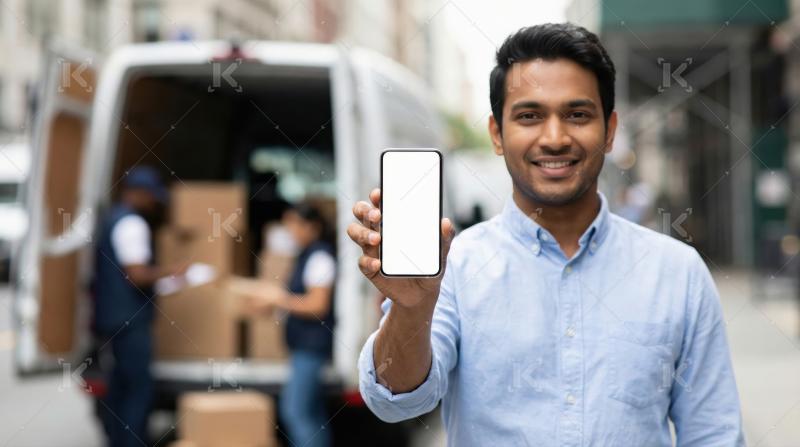 Young man showing smartphone screen
