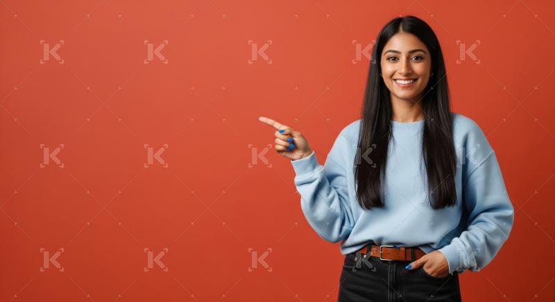 Cheerful young woman pointing with both hands to empty copy spac