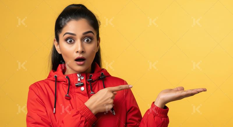 Cheerful young woman pointing with both hands to empty copy spac