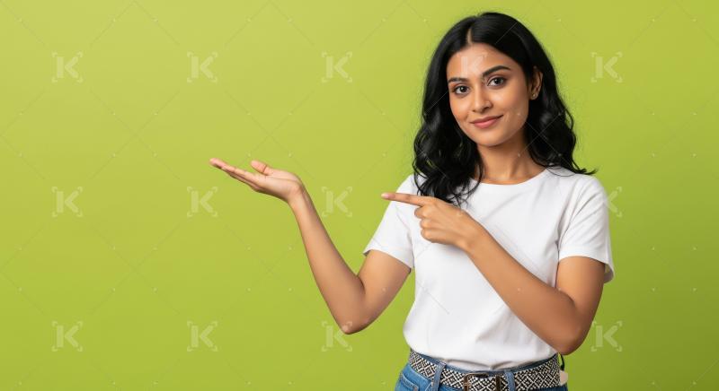 Cheerful young woman pointing with both hands to empty copy spac