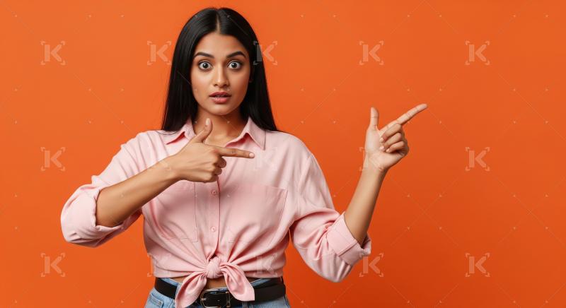 Cheerful young woman pointing with both hands to empty copy spac