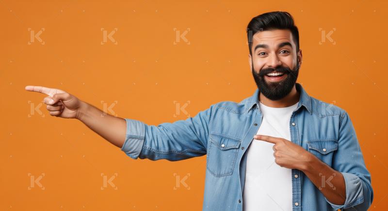 Young indian man pointing finger on empty space