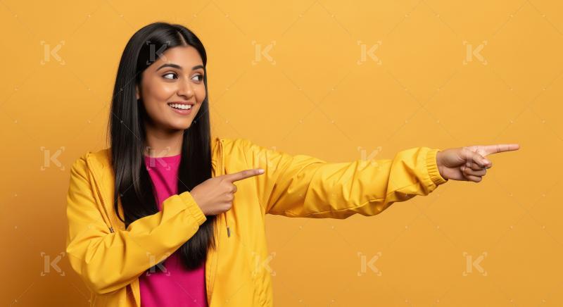 Cheerful young woman pointing with both hands to empty copy spac