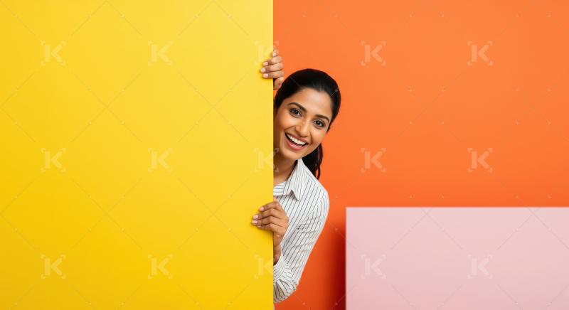 A joyful Indian woman with ponytail peeking from behind a large