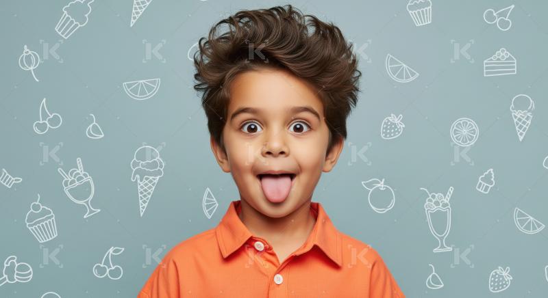 A joyful young Indian boy with wide eyes and tongue out, surroun