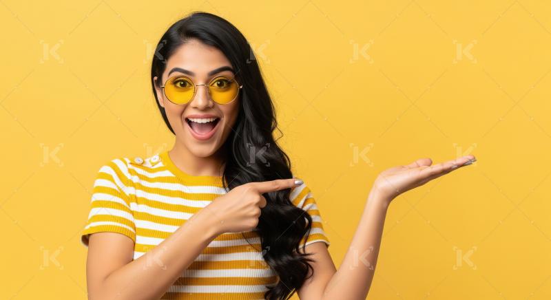 Cheerful young woman pointing with both hands to empty copy spac
