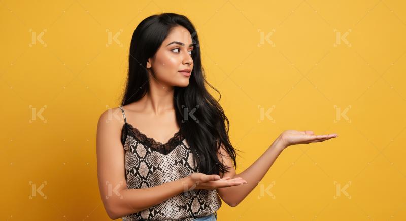 Cheerful young woman pointing with both hands to empty copy spac