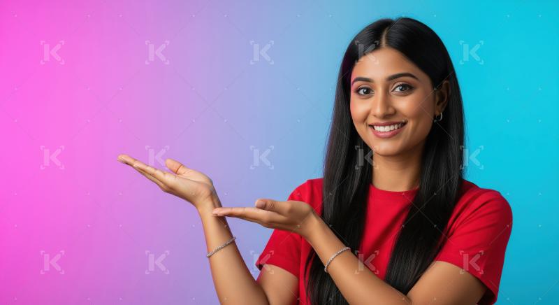 Cheerful young woman pointing with both hands to empty copy spac