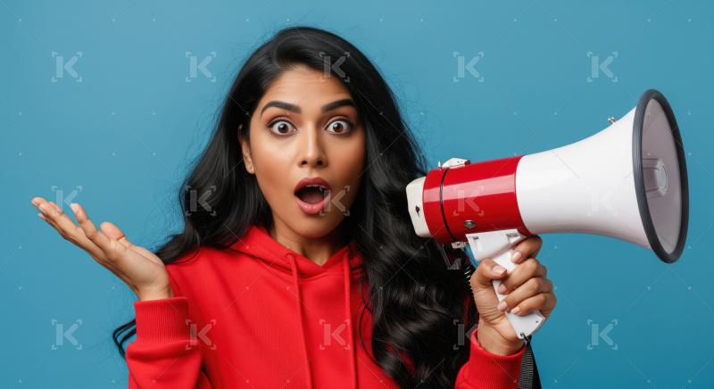 Young beautiful indian woman using megaphone