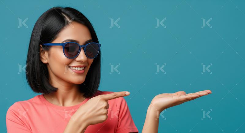 Cheerful young woman pointing with both hands to empty copy spac