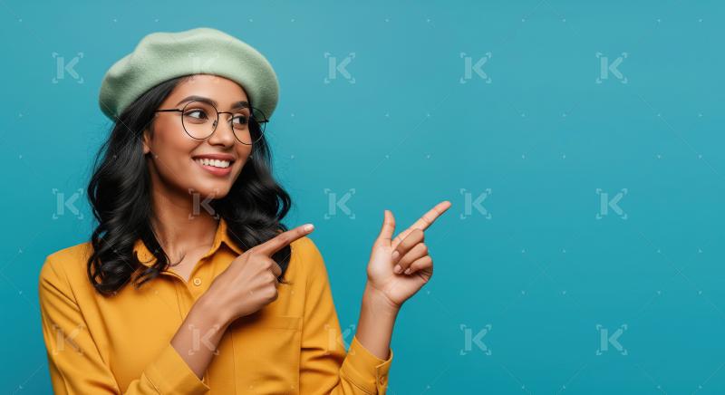 Cheerful young woman pointing with both hands to empty copy spac