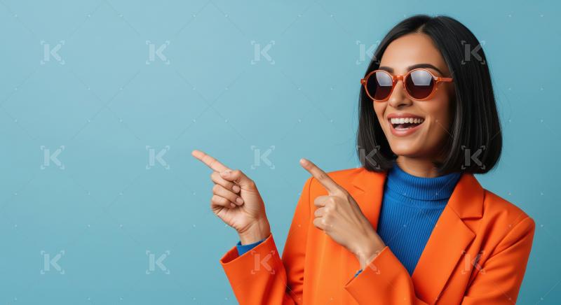Cheerful young woman pointing with both hands to empty copy spac