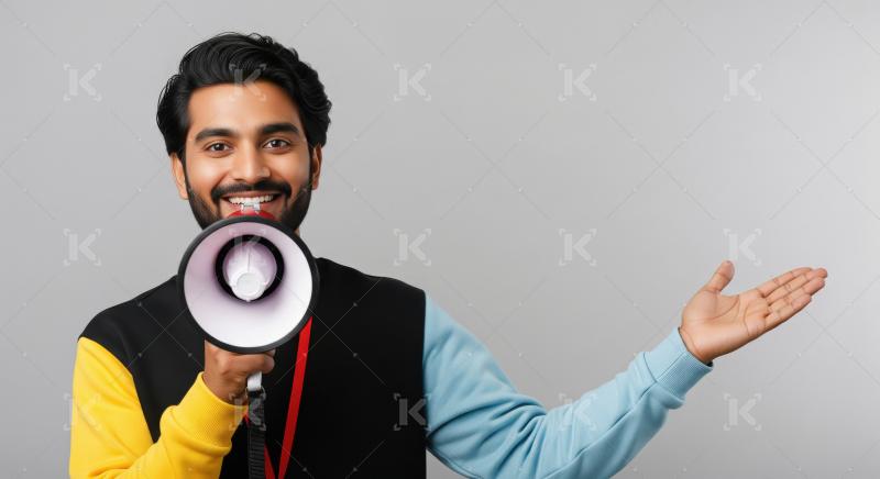 Young indian man using megaphone for announcement