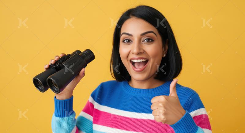 Excited woman holding binocular on yellow background