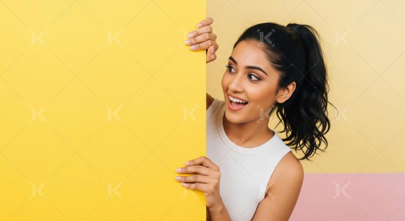 A joyful Indian woman with ponytail peeking from behind a large