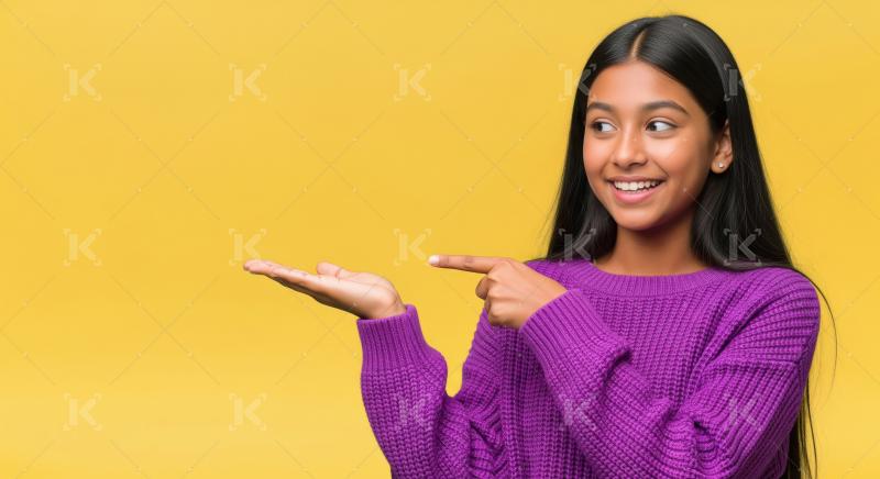 A cheerful Indian girl with long dark hair in pigtails joyfully