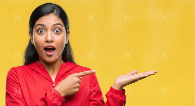 Cheerful young woman pointing with both hands to empty copy spac