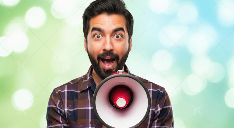 Young indian man using megaphone for announcement
