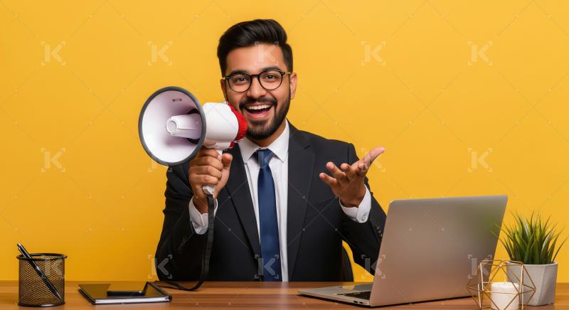 Businessman with megaphone at a yellow office desk for stock ima