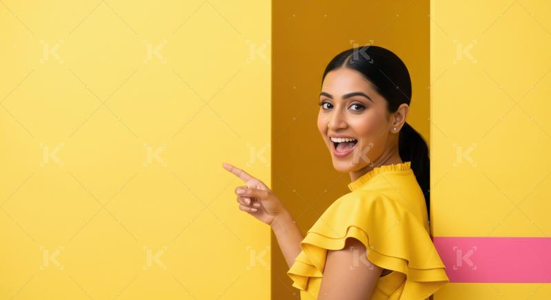 Cheerful young woman pointing with both hands to empty copy spac