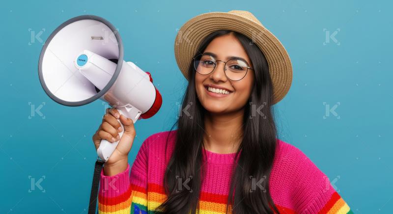 Young beautiful indian woman using megaphone