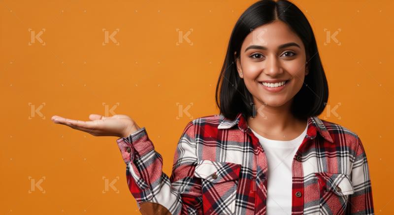Young beautiful indian woman smiling and gesturing with open han