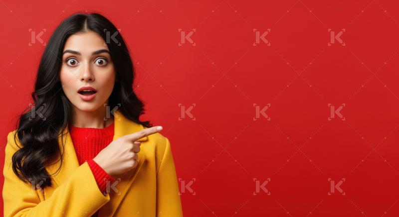 Cheerful young woman pointing with both hands to empty copy spac