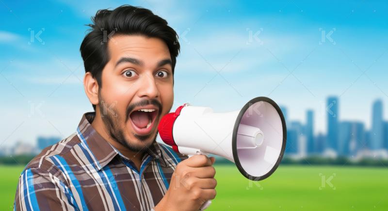 Young indian man using megaphone for announcement