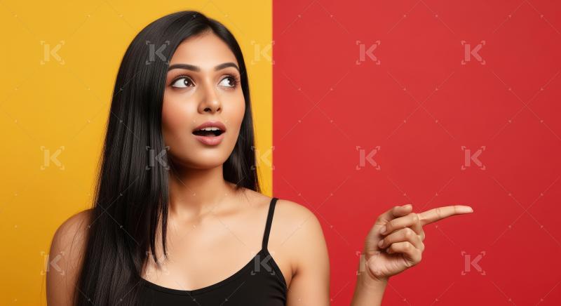 Cheerful young woman pointing with both hands to empty copy spac